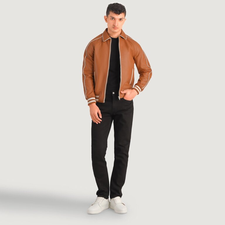 Mens Cooper Tan Brown Leather Varsity Jacket Open Front-4-1704123693559